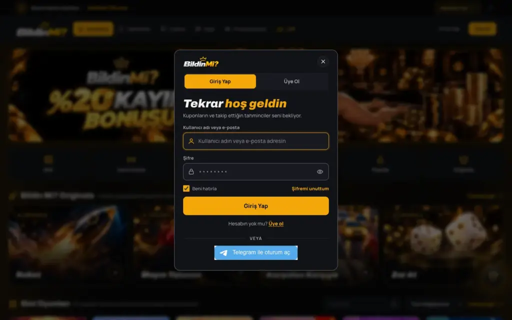 Platformun gerçek giriş penceresi; kullanıcı adı veya e-posta ve şifre alanları