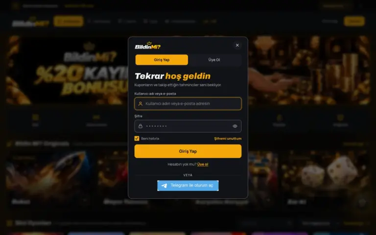 Platformun gerçek giriş penceresi; kullanıcı adı veya e-posta ve şifre alanları