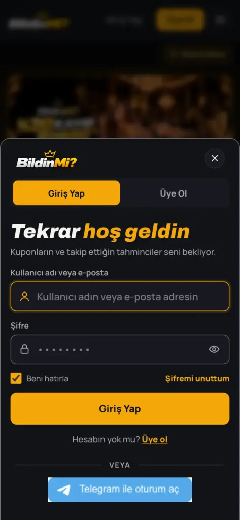 Platformun mobil giriş penceresi; kullanıcı adı ve şifre alanları
