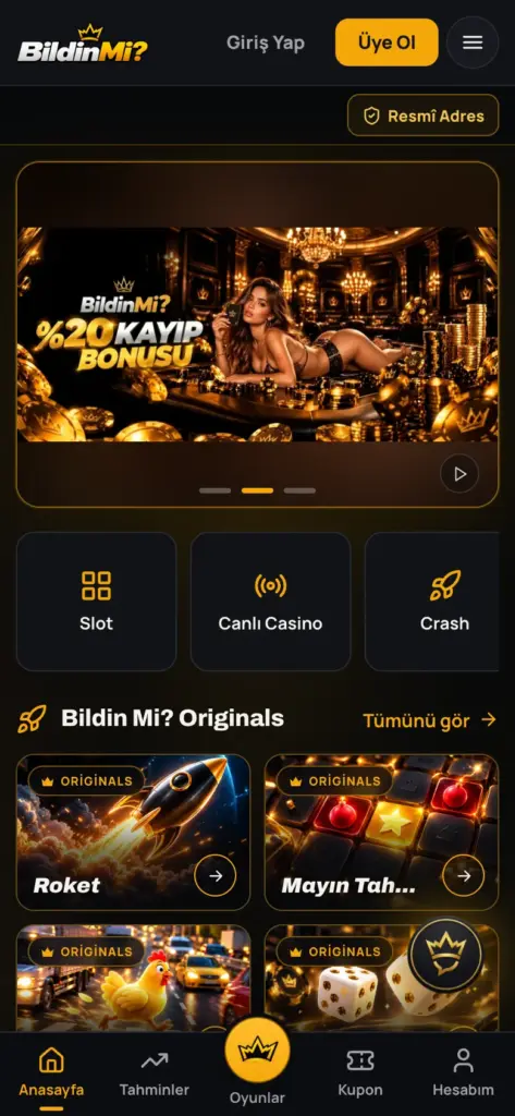 BildinMi platformunun masaüstü ana sayfası; üstte menü ve giriş düğmesi